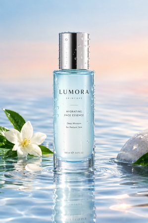glass skincare bottle surrounded by clear water