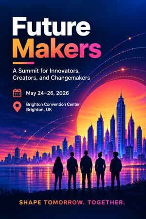 global tech summit poster with glowing world map