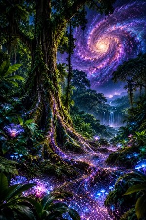 glowing galaxy fused with a tropical rainforest