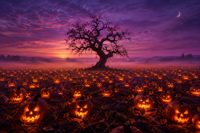 glowing pumpkin field under a purple sky