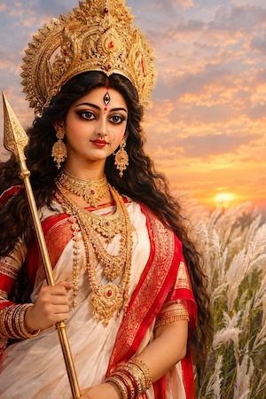 goddess durga in a red white saree