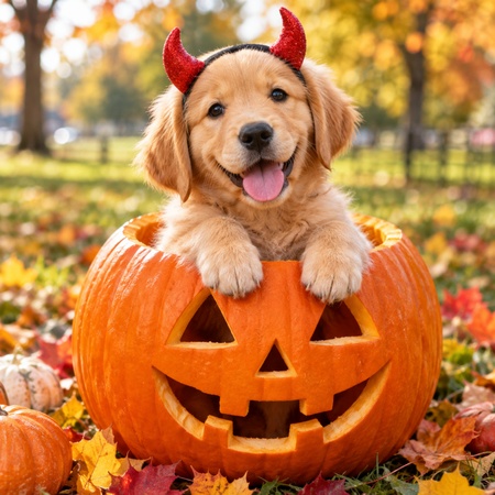 golden retriever puppy inside a pumpkin