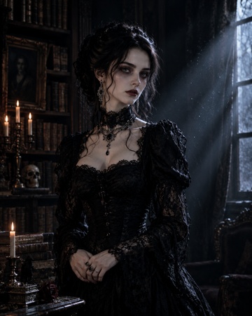 gothic woman in a dark library