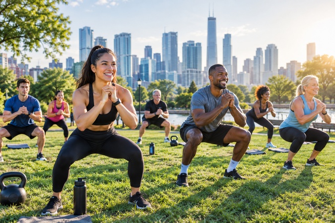 group of adults doing a bootcamp workout in a city park