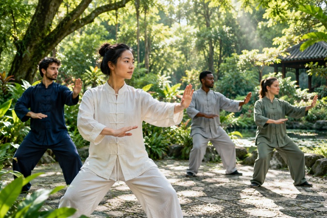 group of friends practicing tai chi in a botanical garden
