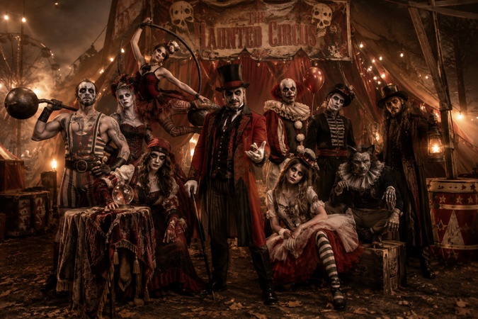 group wearing dark circus costumes