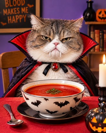 grumpy cat wearing a tiny vampire costume