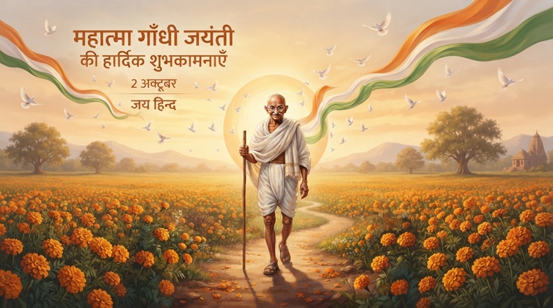 Happy Gandhi Jayanti poster with Gandhi walking at sunrise