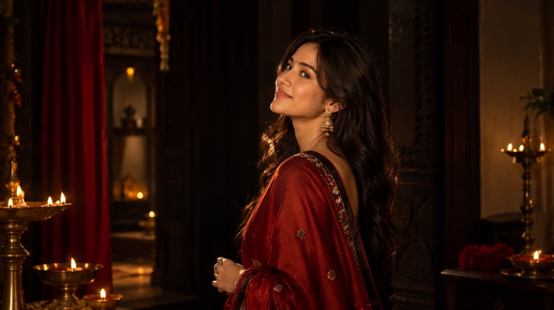 Cinematic Karwa Chauth portrait in a red saree