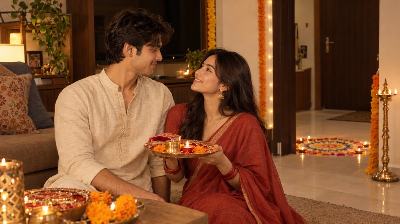 Couple celebrating Karwa Chauth at home with a puja thali