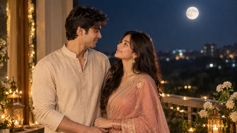 Dreamy Karwa Chauth portrait with moonlight and fairy lights