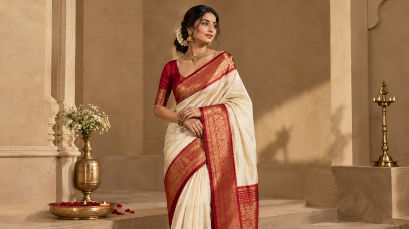 Luxury Karwa Chauth fashion portrait in a red and ivory saree