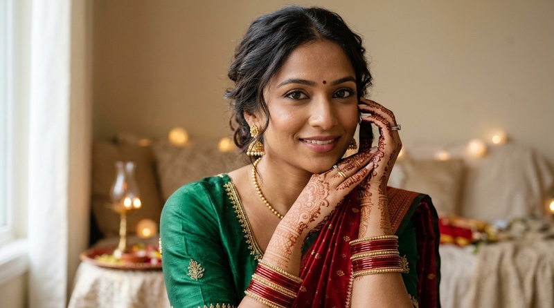 Karwa Chauth woman showing mehndi and traditional jewelry