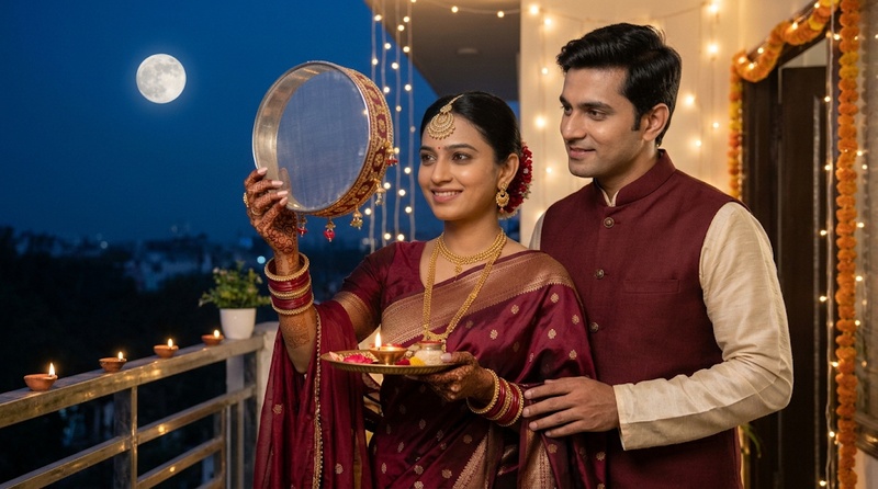 Couple celebrating the Karwa Chauth moon-sighting ritual