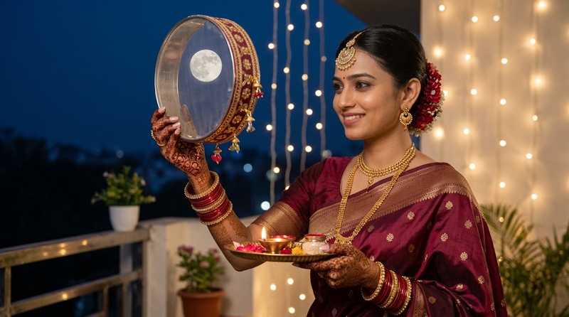 Woman holding a channi during the Karwa Chauth moon ritual