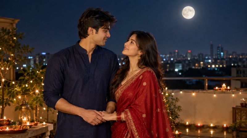 Romantic Karwa Chauth couple portrait under the full moon