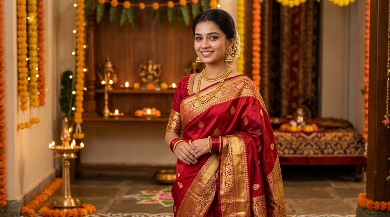 Karwa Chauth woman in a red saree and gold jewelry