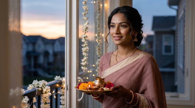 Woman in a dusty rose saree with soft festive lighting