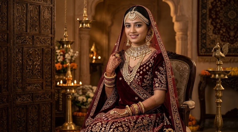 Royal Karwa Chauth portrait in a maroon lehenga