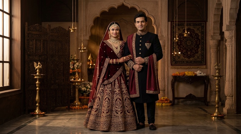 Couple in royal red and gold Indian festive outfits