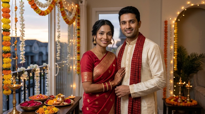 Couple in traditional Indian outfits for Karwa Chauth