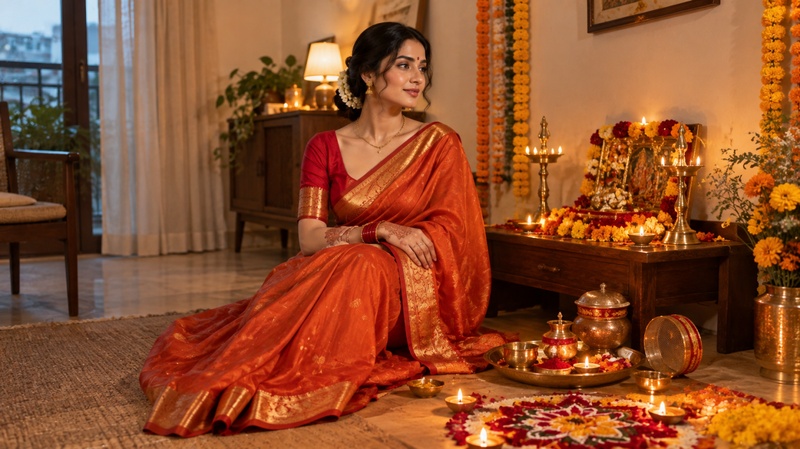 Woman celebrating Karwa Chauth beside a decorated puja area