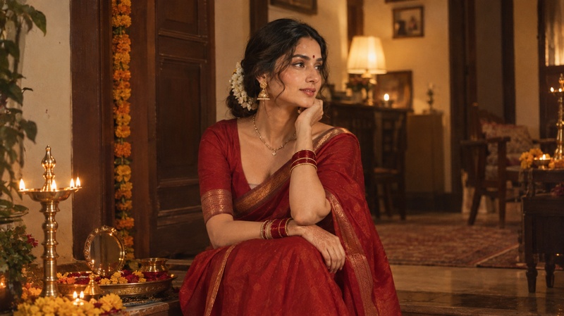 Vintage-style Karwa Chauth portrait in a traditional red saree