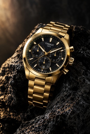 luxury gold watch on dark volcanic rock