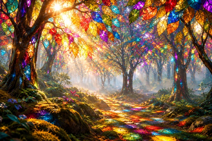 magical forest with colorful stained glass leaves