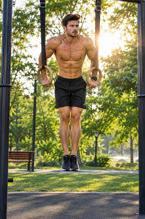 male athlete performing a muscle-up on outdoor gymnastic rings
