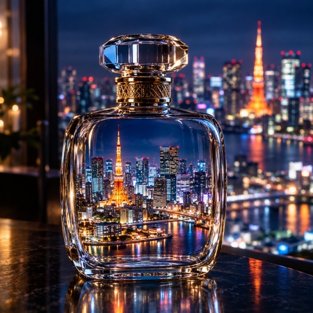 miniature Tokyo skyline inside a glass perfume bottle