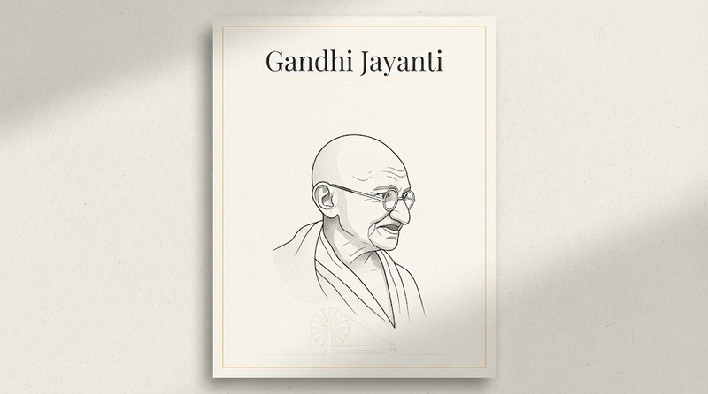 Minimalist Gandhi Jayanti poster with Gandhi portrait