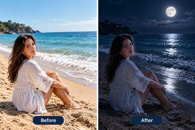moonlit beach with silvery ocean waves
