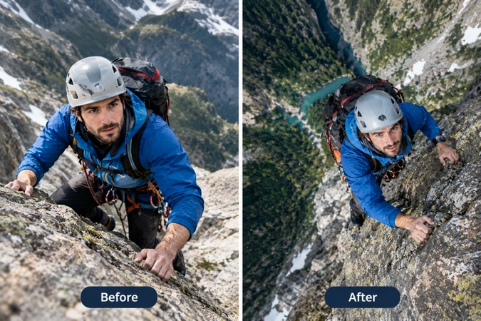 mountain climber viewed from a top-down aerial angle