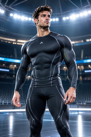 muscular male athlete posing in a sports arena
