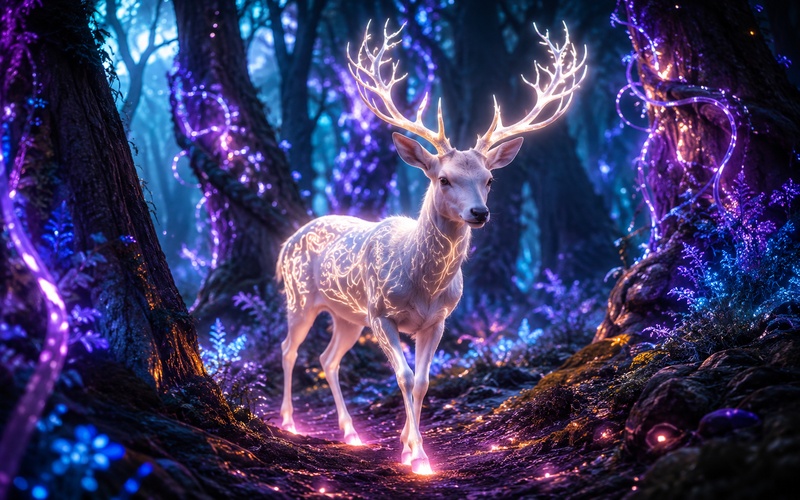 mystical deer in glowing forest