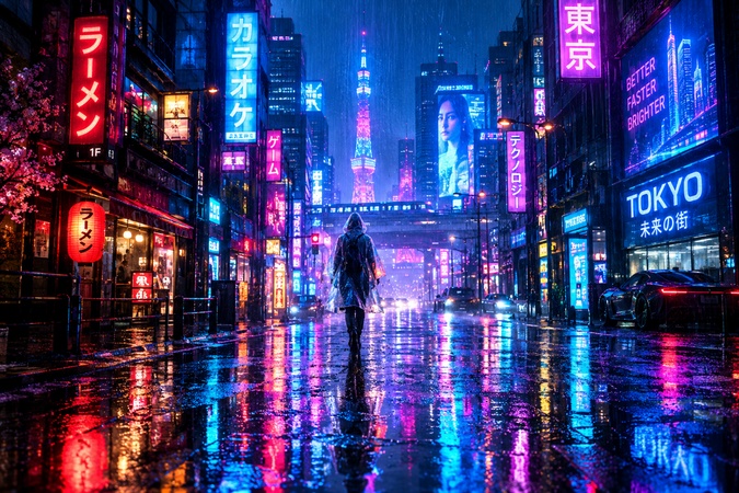 neon lit futuristic street in tokyo at night