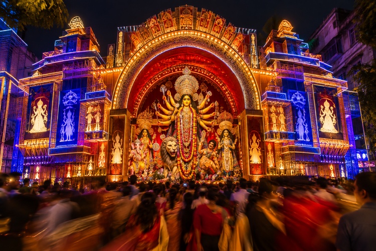 nighttime durga puja pandal