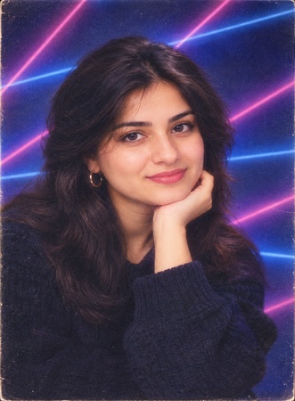nostalgic 1990s portrait with a blue and purple background