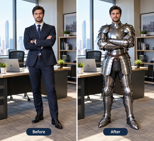 office worker wearing polished medieval knight armor
