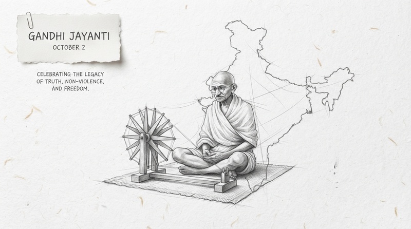 Pencil sketch Gandhi Jayanti poster with Charkha