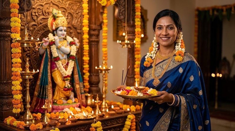 performing puja in front of krishna