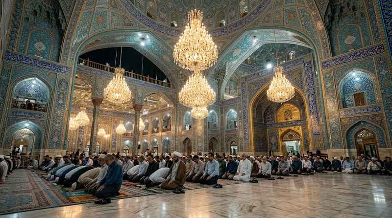 prayer beneath ornate chandeliers