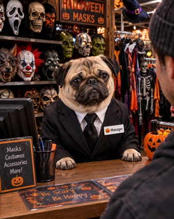 pug dressed as a Halloween store manager