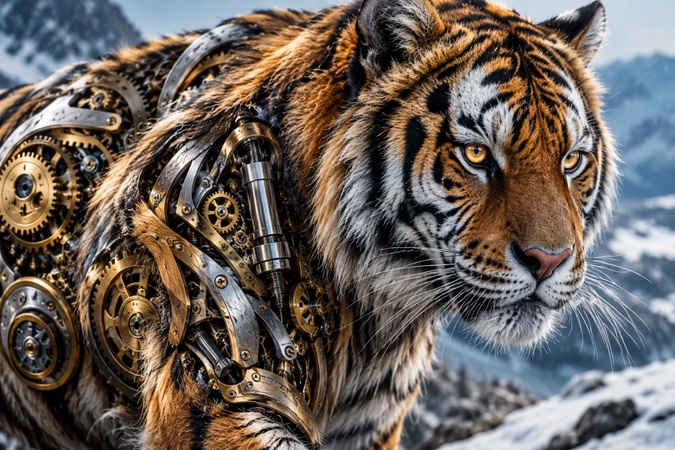 Siberian tiger fused with mechanical watch gears