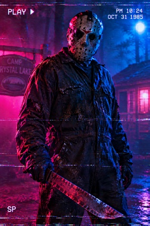 slasher character wearing a cracked hockey mask