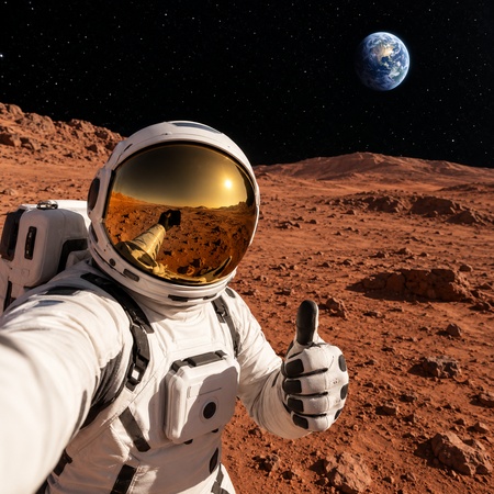smiling astronaut taking a selfie on mars