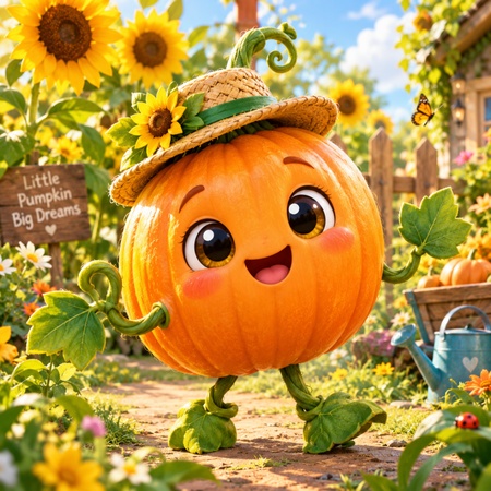 smiling pumpkin character in a garden