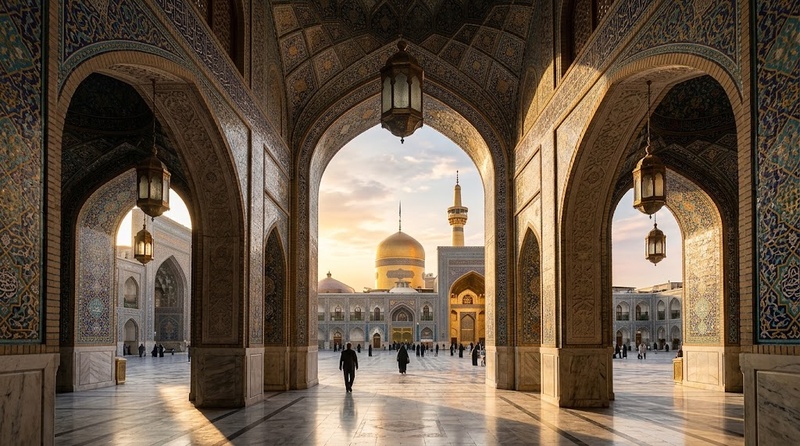 sunrise through islamic arches