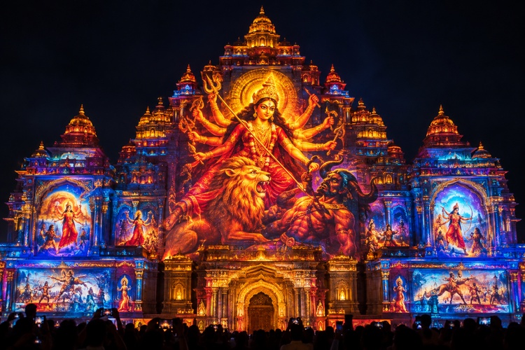 temple with durga projection art